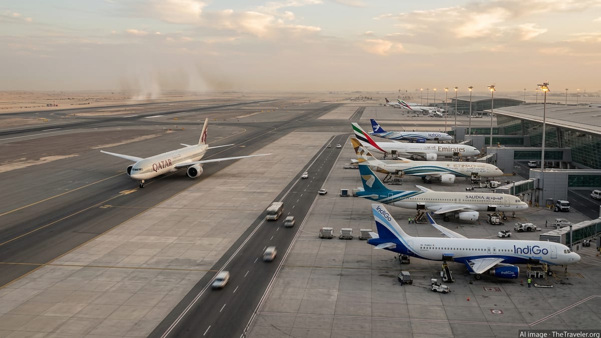 Qatar Airways jet on the tarmac in Doha alongside other Gulf carriers at sunset.