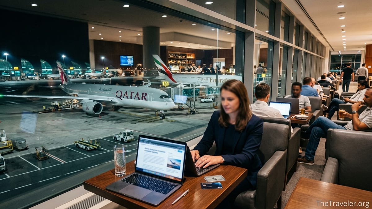 Airport lounge view with Qatar and Emirates planes outside and credit cards on a table.