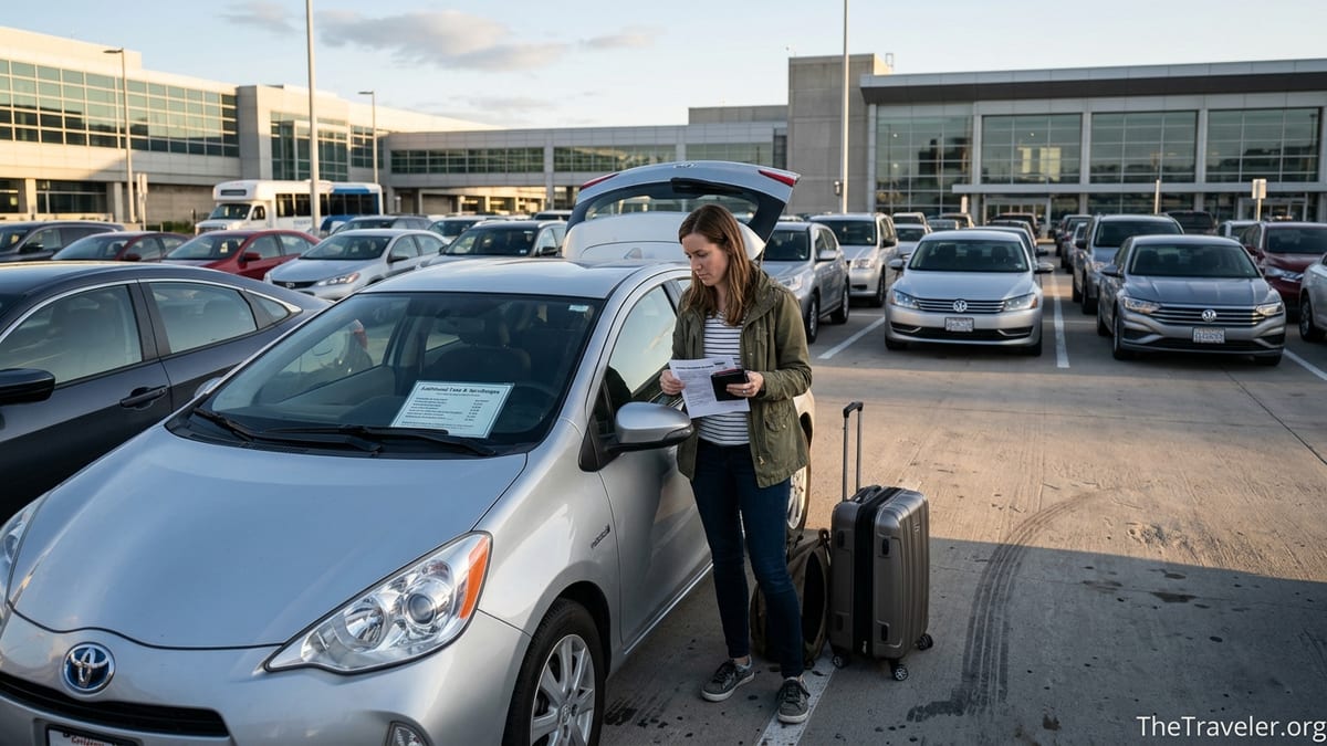 Traveler reviewing car rental paperwork beside a compact car at an airport lot at sunset.