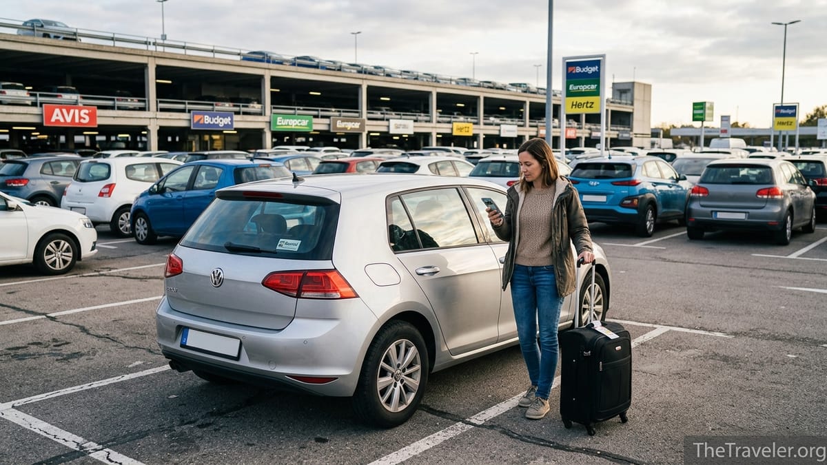 Traveler checking a car rental booking on a phone beside a compact car at an airport lot.