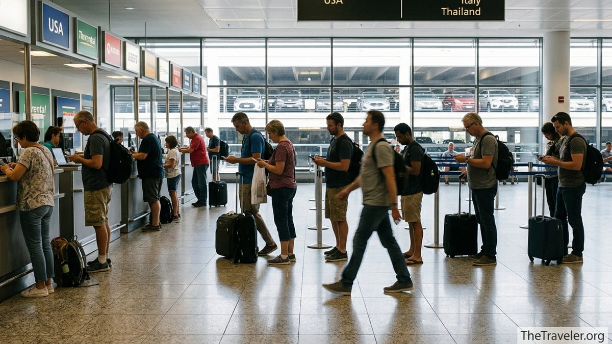 Travelers comparing rental car prices on phones at an airport rental center.