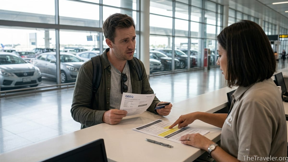 Traveler discussing rental car insurance details with an agent at an airport counter.
