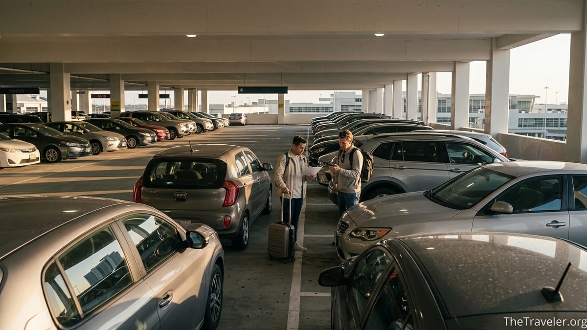 Travelers comparing car rental options next to parked cars in an airport garage at sunset.