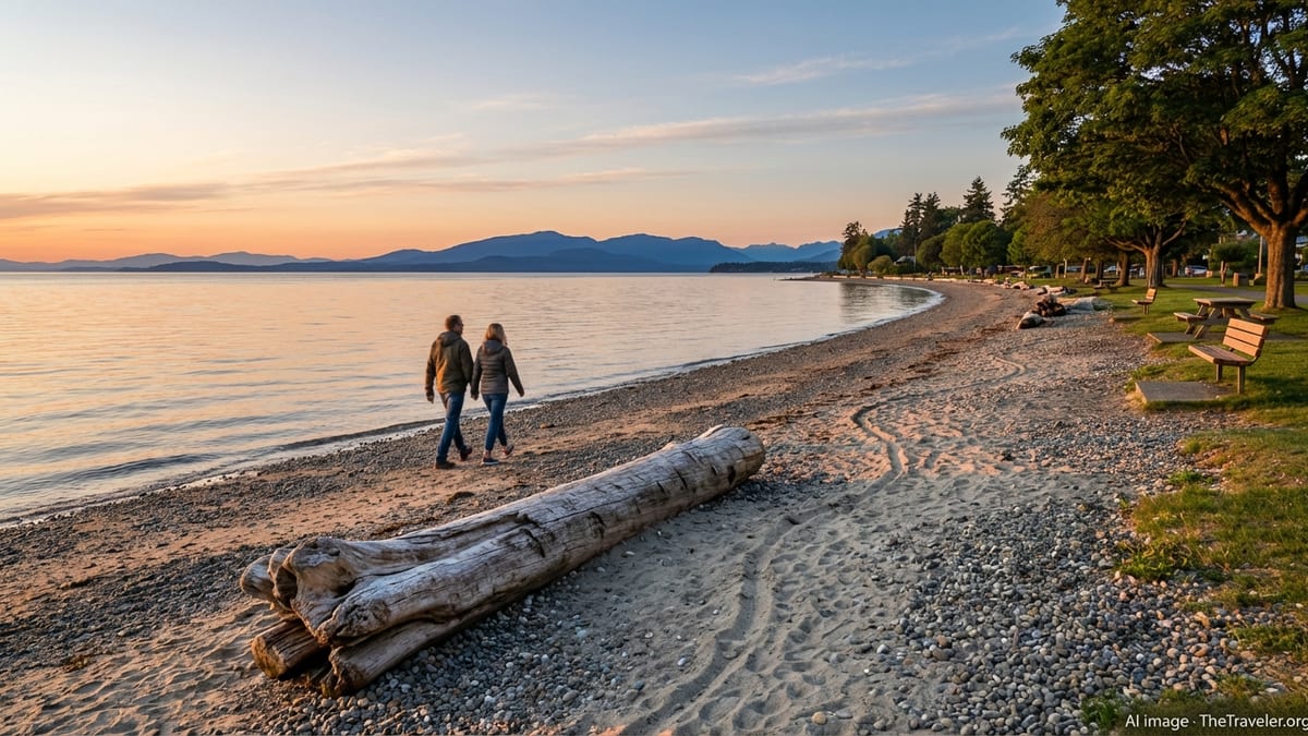 Golden hour view along the sandy shoreline and promenade at Qualicum Beach on Vancouver Island.