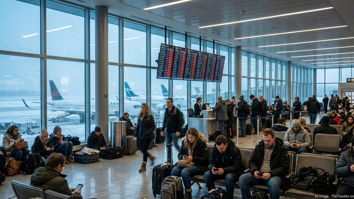 Stranded passengers wait in a crowded Quebec City airport terminal as snow obscures aircraft outside.