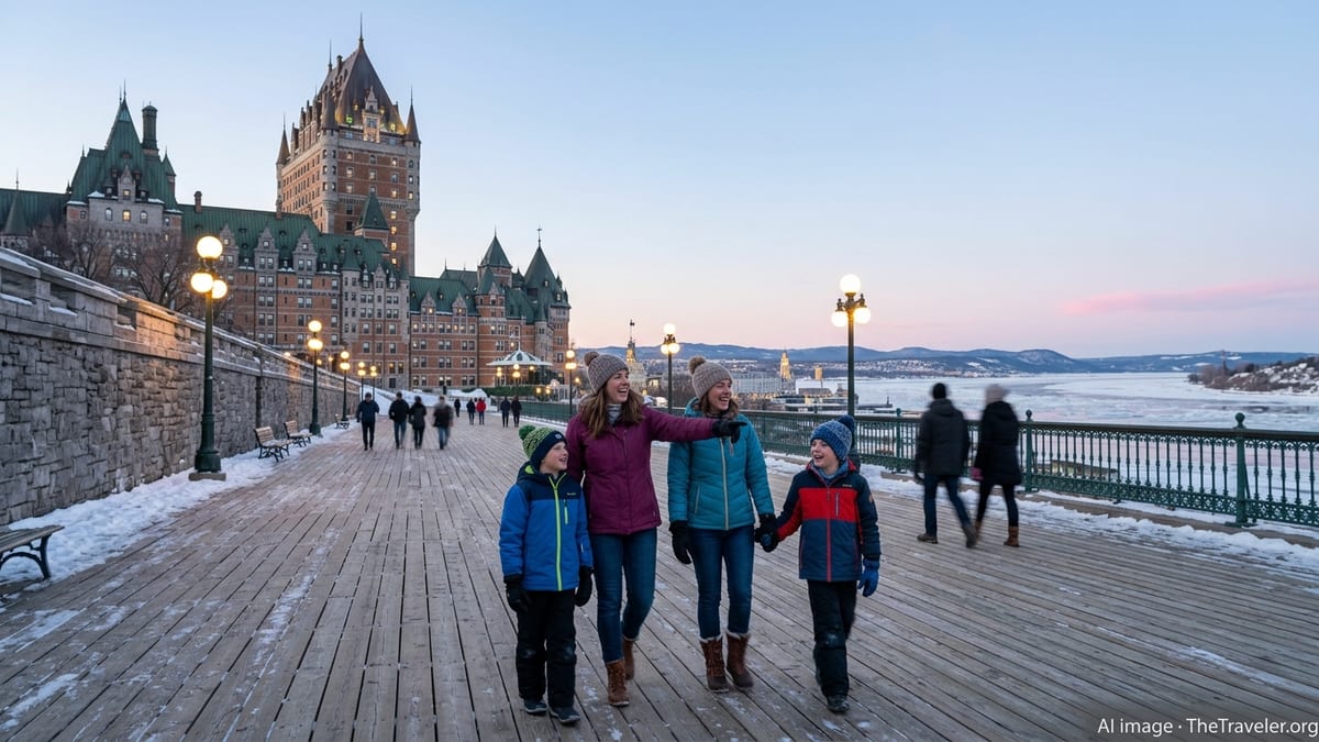 Family walks along Quebec City’s Dufferin Terrace in winter with Château Frontenac and the St. Lawrence River in the distance