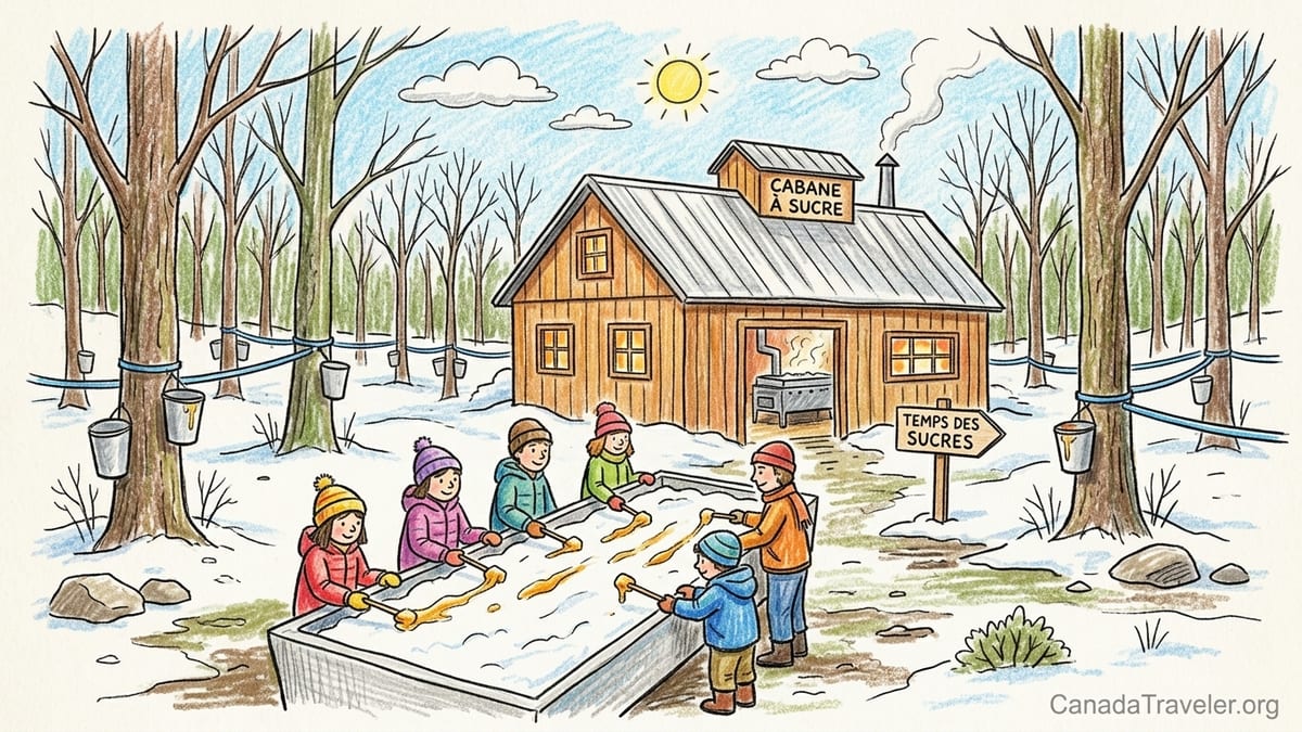Families enjoying maple taffy on snow outside a traditional Quebec sugar shack in a snowy maple forest.