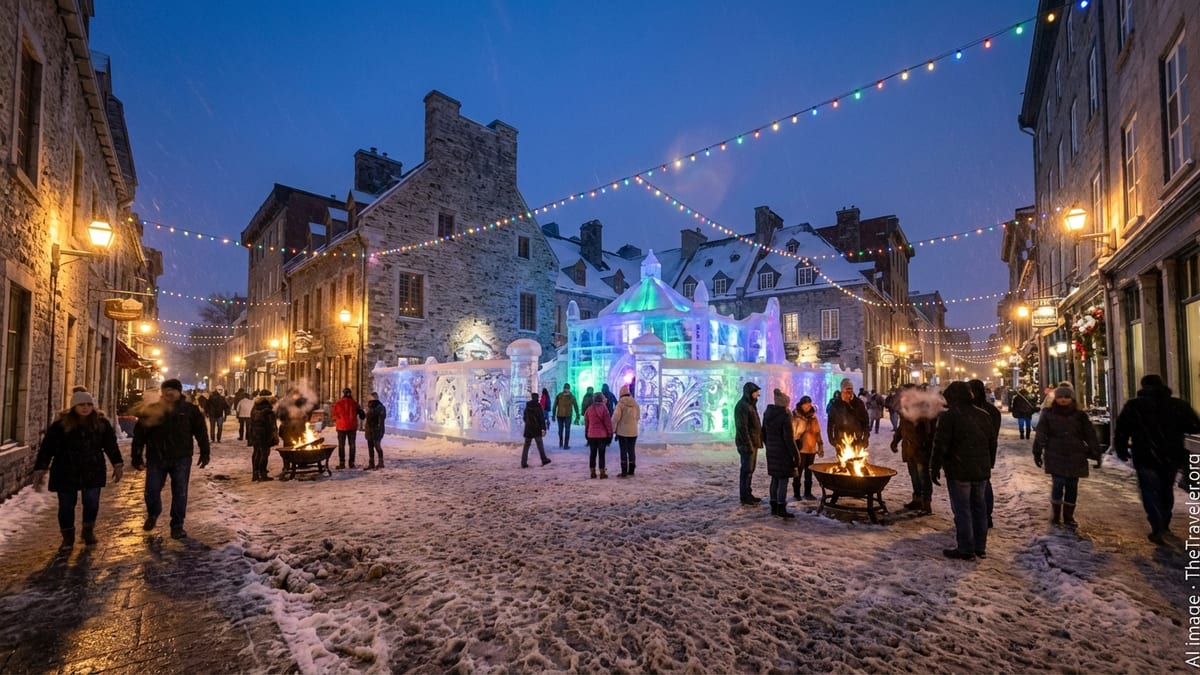 Crowds walk past Bonhomme’s illuminated ice palace at Quebec Winter Carnival on a snowy evening.