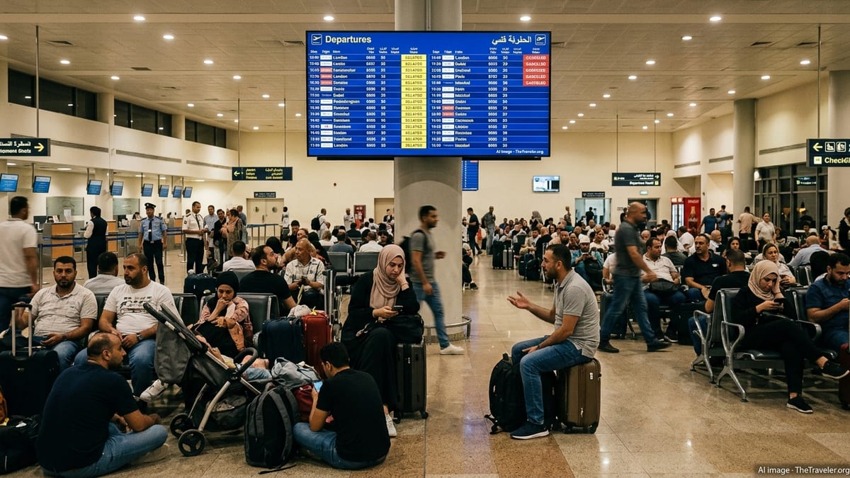 Crowded departure hall at Amman’s Queen Alia Airport with passengers waiting under a departures board showing delays.