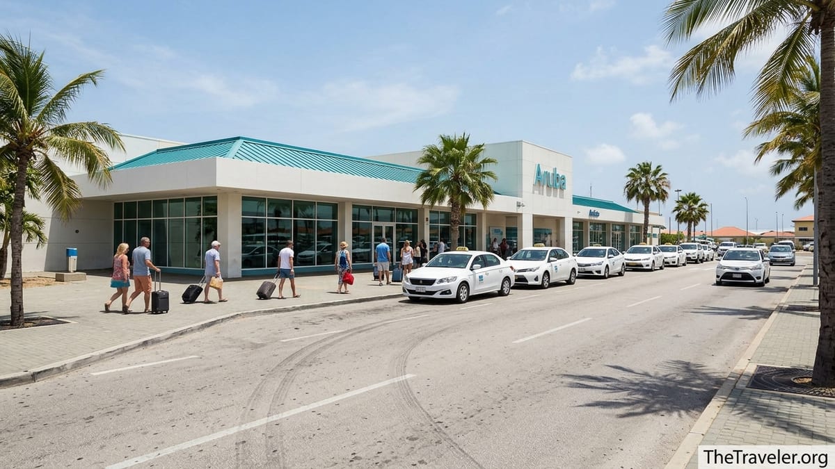 Arriving travelers and taxis outside Queen Beatrix International Airport in Aruba on a sunny afternoon.