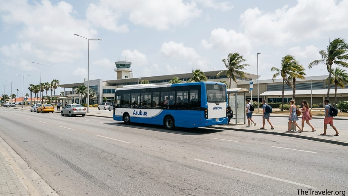 Arubus bus near Queen Beatrix International Airport with travelers walking from the terminal toward the roadside stop.