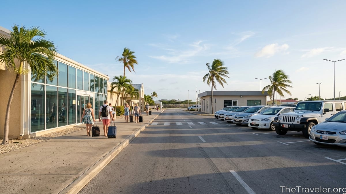 Travelers walk from Queen Beatrix International Airport to a nearby Aruba rental car lot.