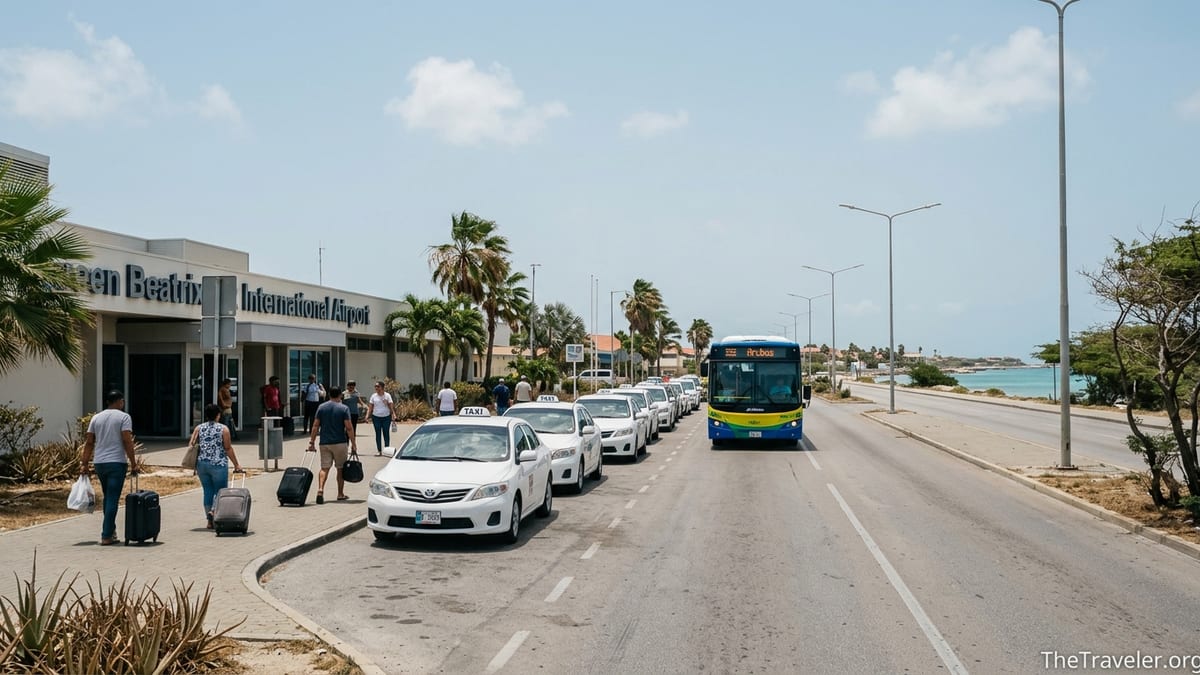 Taxis and a public bus waiting outside Queen Beatrix International Airport in Aruba under a sunny sky.