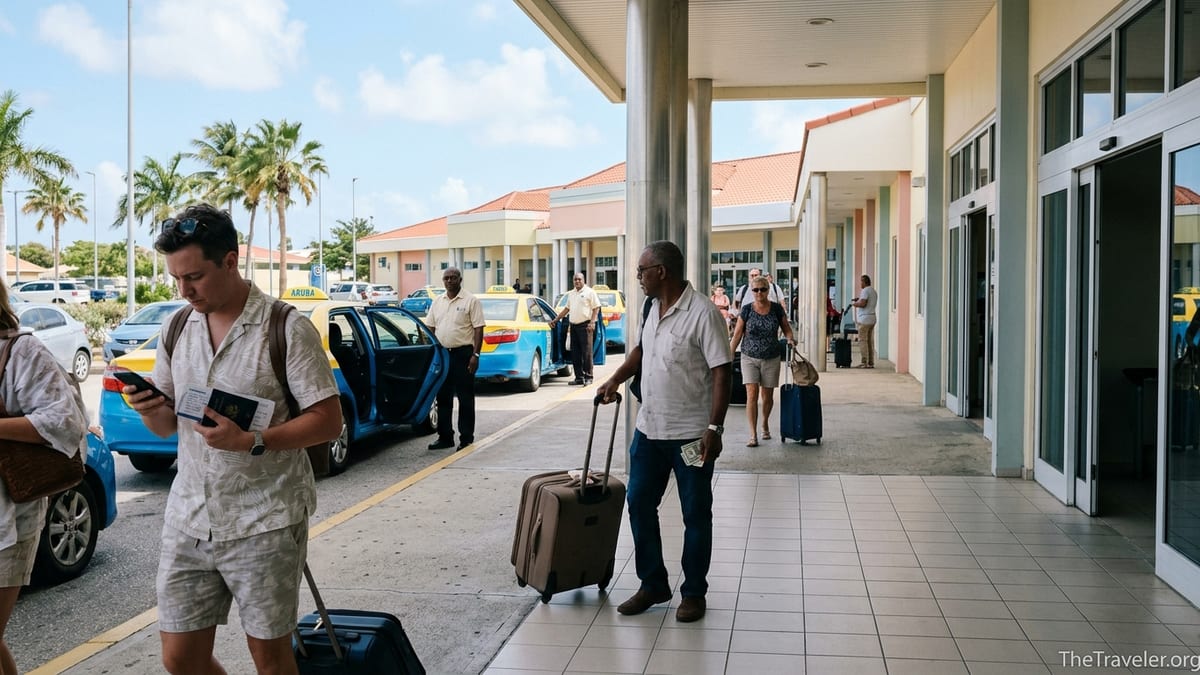 Travelers exiting Queen Beatrix International Airport in Aruba toward waiting taxis.