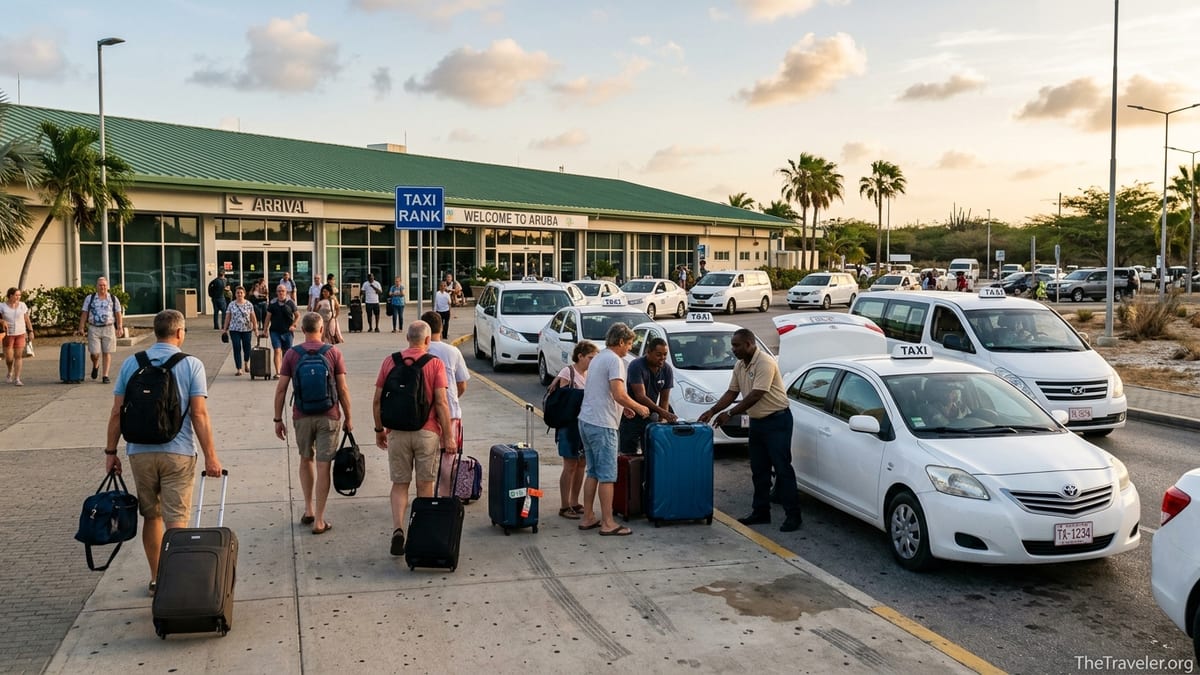 Travelers at Queen Beatrix International Airport in Aruba walking to an official taxi rank with white TX-plate cabs waiting.