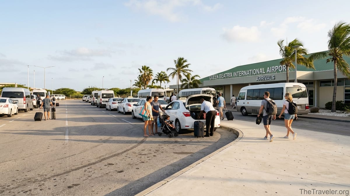 Arriving travelers with luggage boarding taxis outside Queen Beatrix International Airport in Aruba at sunrise.