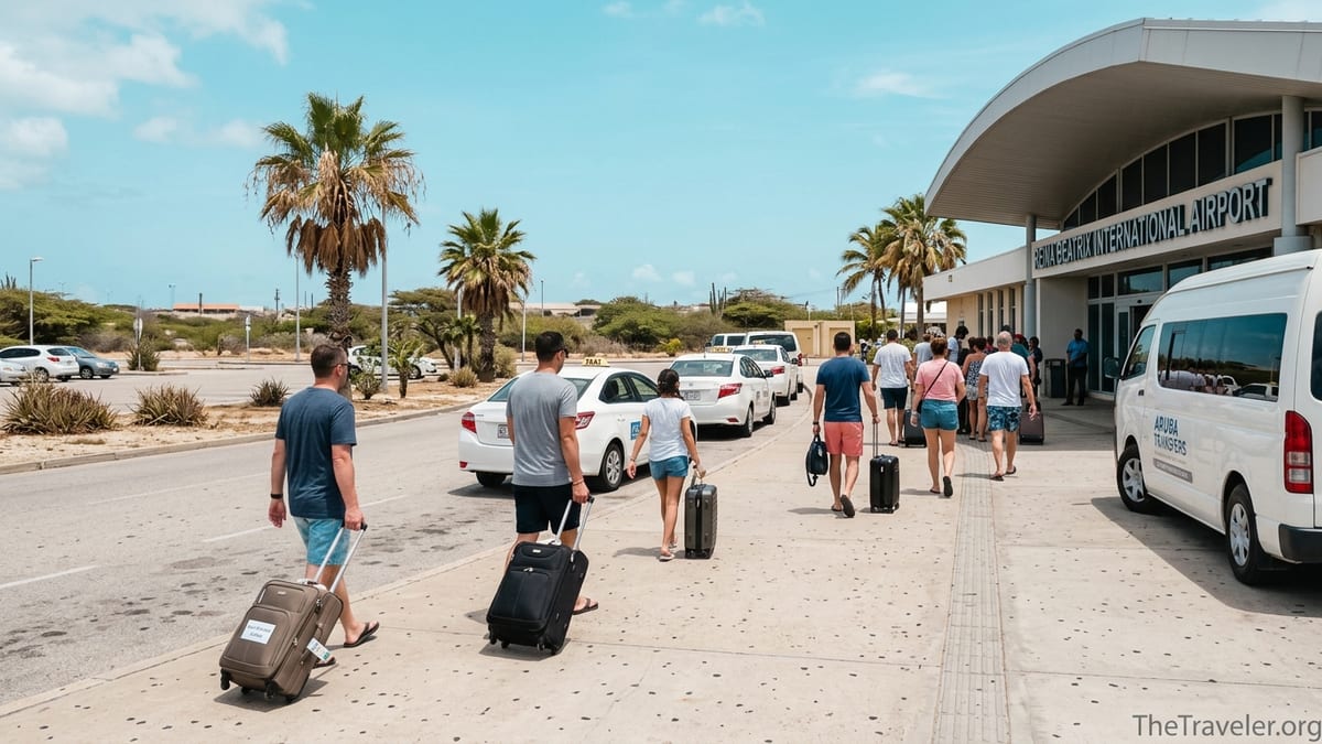 Travelers leaving Queen Beatrix International Airport in Aruba toward taxis under a sunny sky.