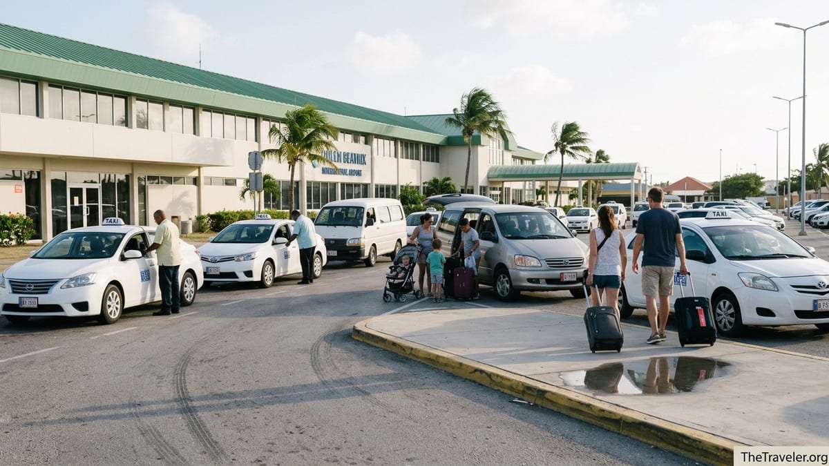 Travelers boarding taxis and vans outside Queen Beatrix International Airport in Aruba.