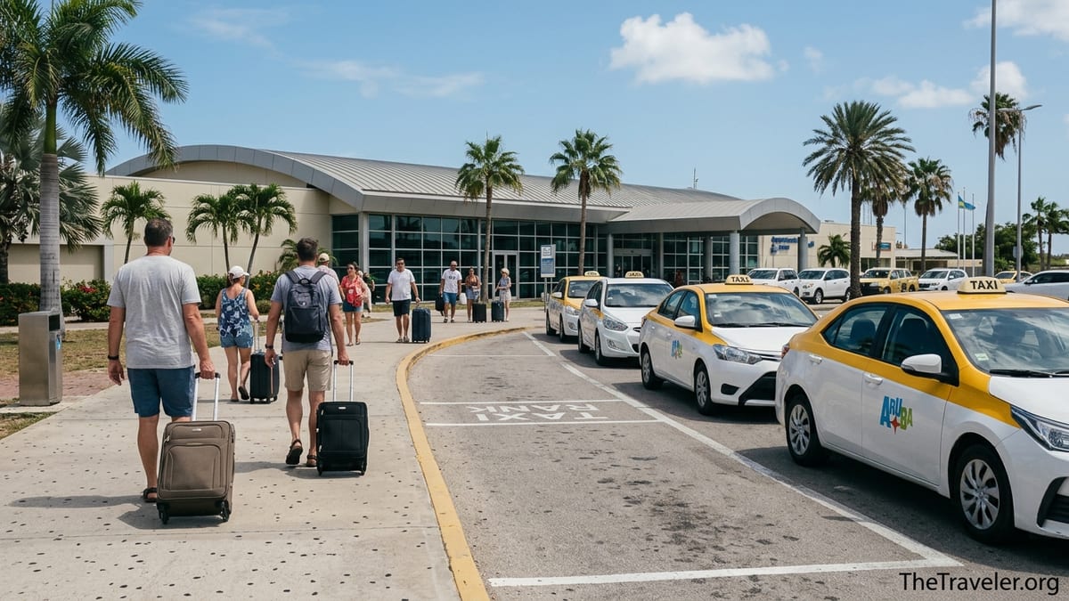 Travelers with luggage walk from Queen Beatrix Airport terminal toward waiting Aruba taxis.