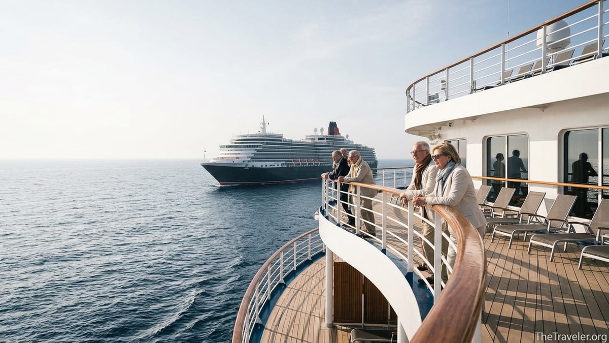Passengers stroll the teak promenade deck of Cunard’s Queen Victoria on a bright calm day at sea.