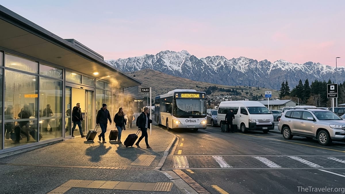 Travelers outside Queenstown Airport with buses and taxis and the Remarkables in the background.
