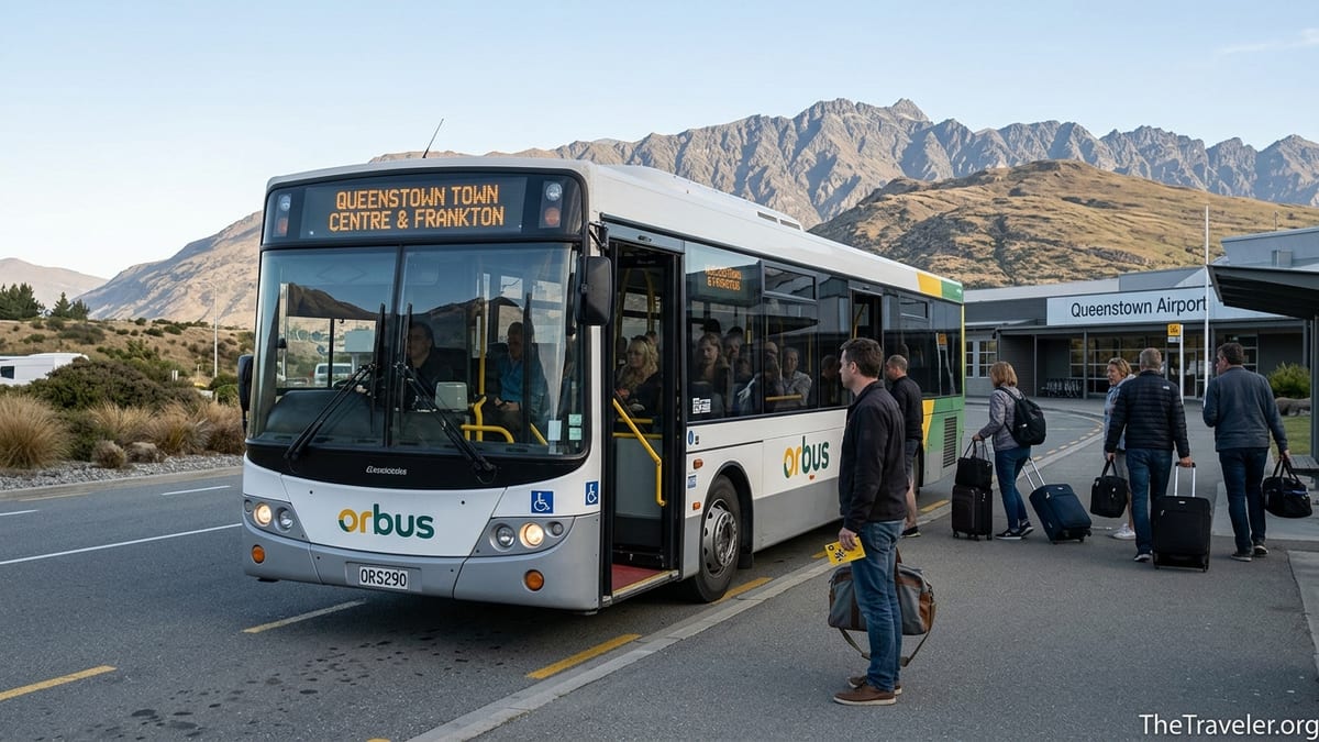 Orbus bus picking up passengers with luggage outside Queenstown Airport in front of the Remarkables mountains.