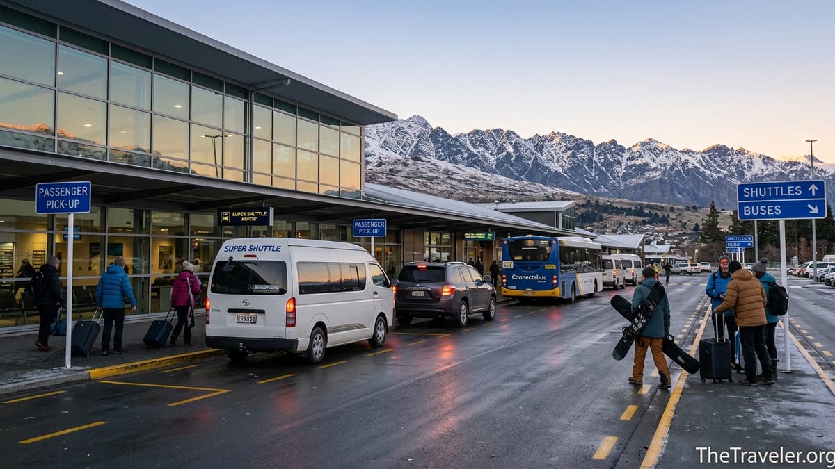 Winter morning outside Queenstown Airport with shuttle, bus and skiers loading gear.