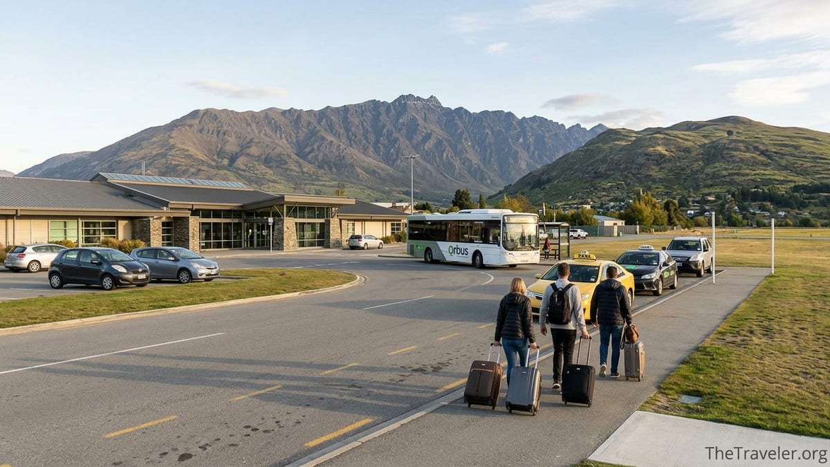 Travelers outside Queenstown Airport choosing transport options toward Arrowtown at golden hour.