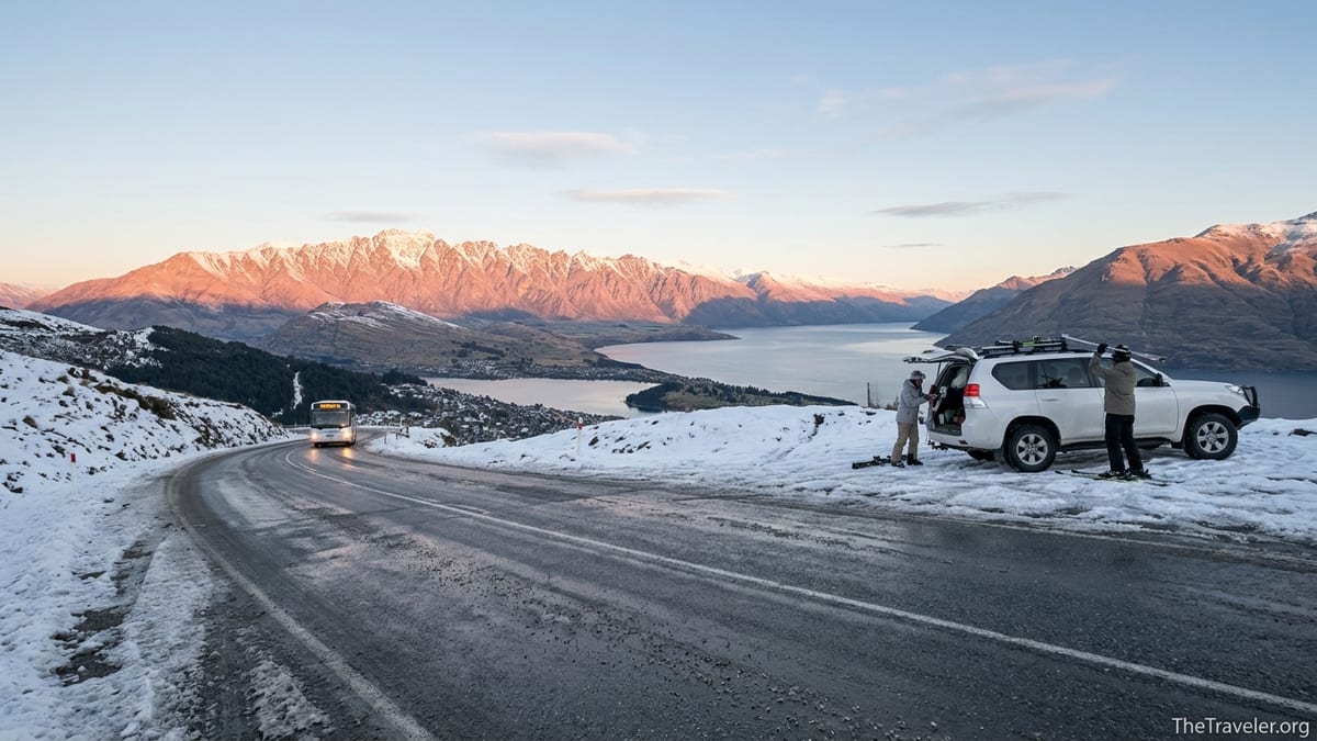 Skiers unloading gear from a car on the Coronet Peak access road above Queenstown in winter.