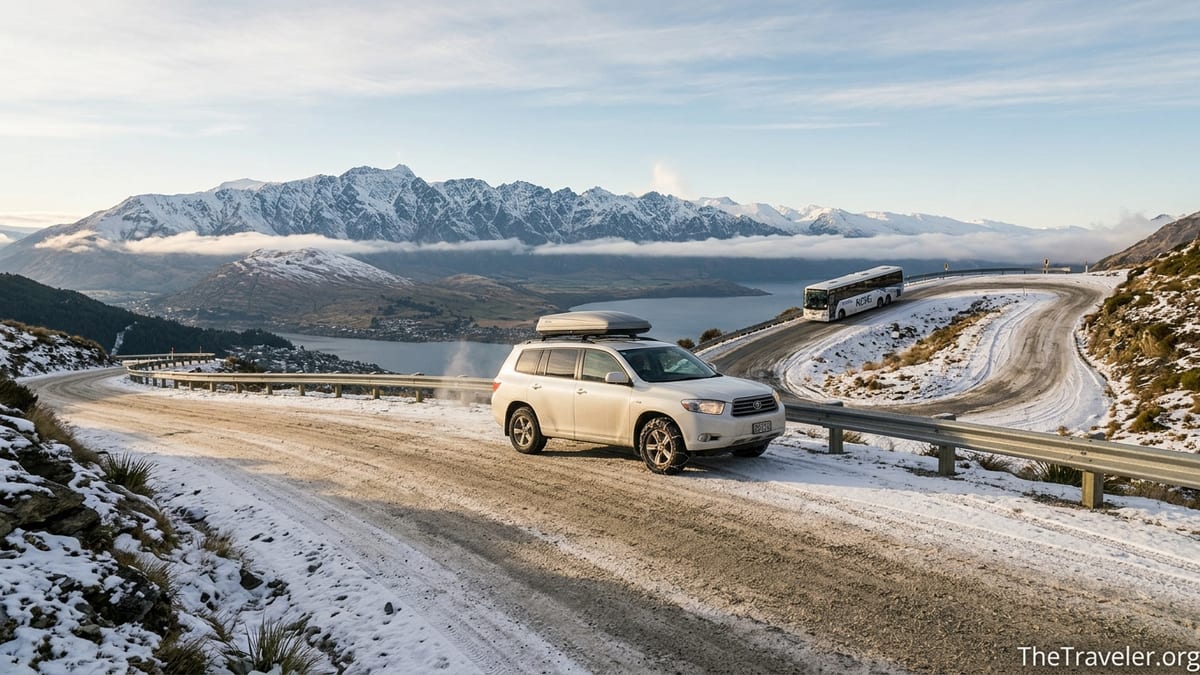 Rental SUV with chains and ski bus on The Remarkables mountain road above Queenstown in winter.
