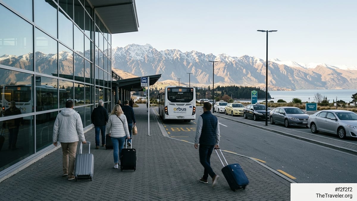 Travellers outside Queenstown Airport choosing between bus and taxis with mountains behind.