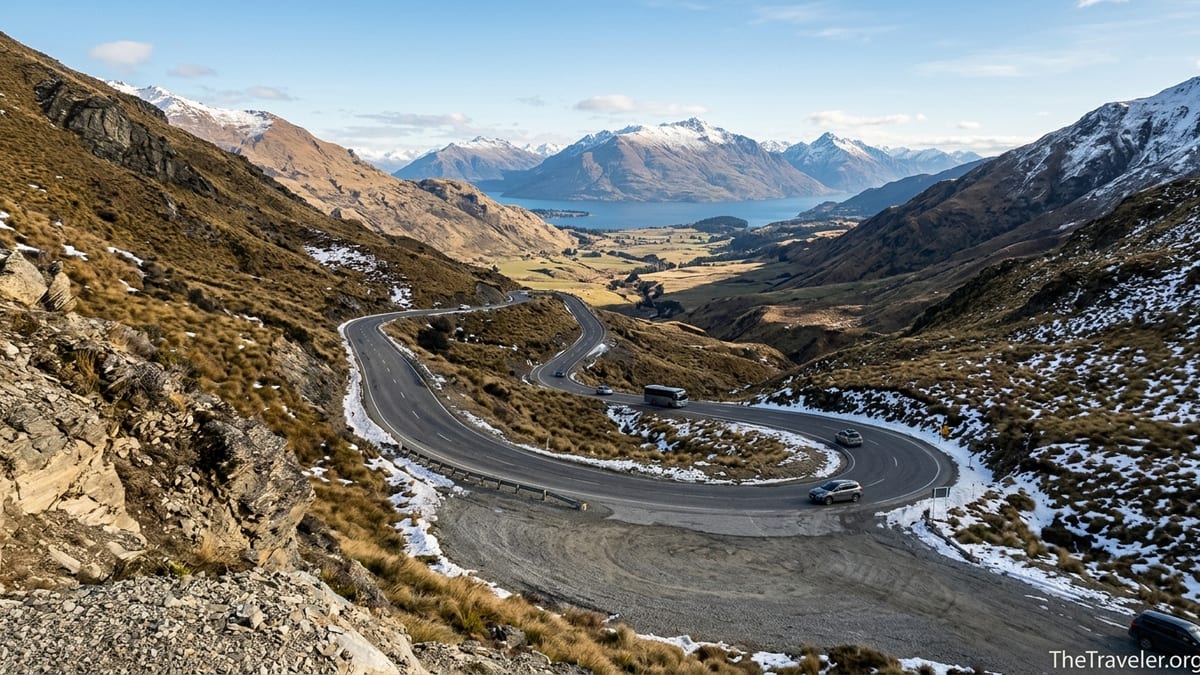Crown Range Road curving through snow-dusted mountains between Queenstown and Wānaka on a clear winter day.