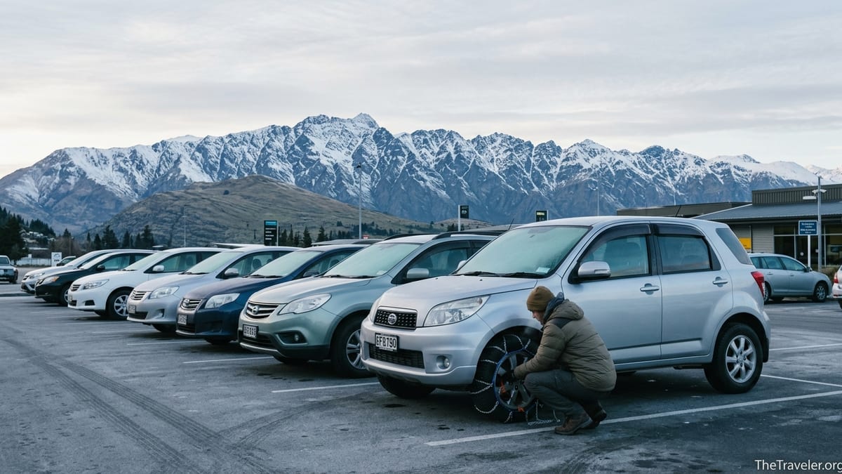 Traveller fitting snow chains to a rental car at Queenstown Airport with snowy mountains behind.
