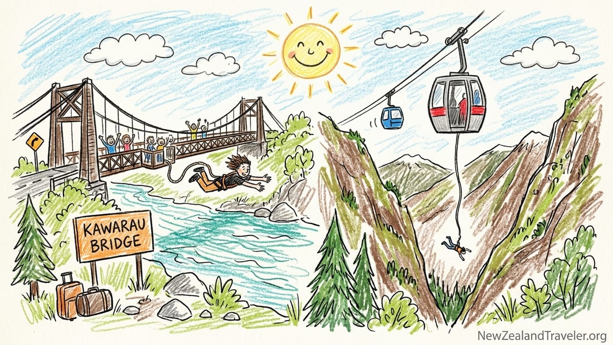 Bungy jumper leaping from Kawarau Bridge above the turquoise Kawarau River near Queenstown.