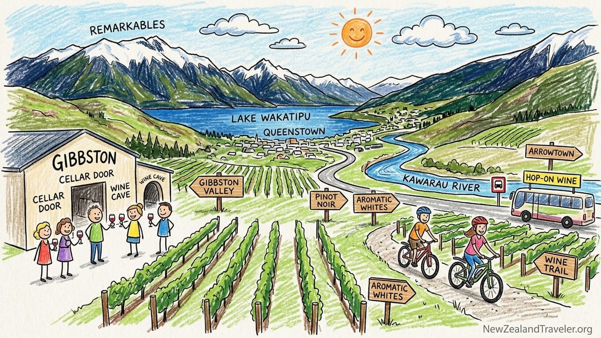 Cyclists on the Gibbston River Wine Trail passing vineyards above the Kawarau River near Queenstown.