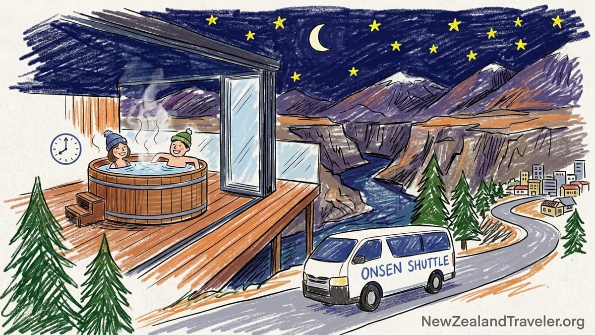Private cedar hot pool at Queenstown’s Onsen Hot Pools overlooking the Shotover River canyon at dusk.