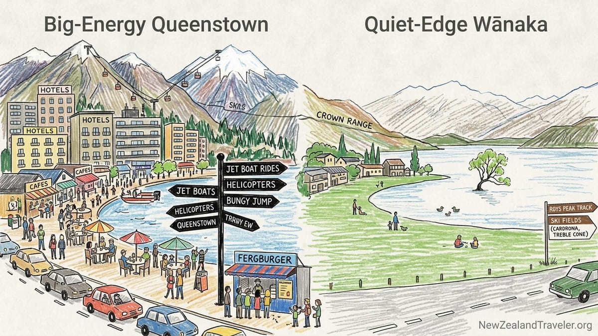 Aerial view of Queenstown and Wānaka lakefronts contrasting busy and quiet atmospheres.