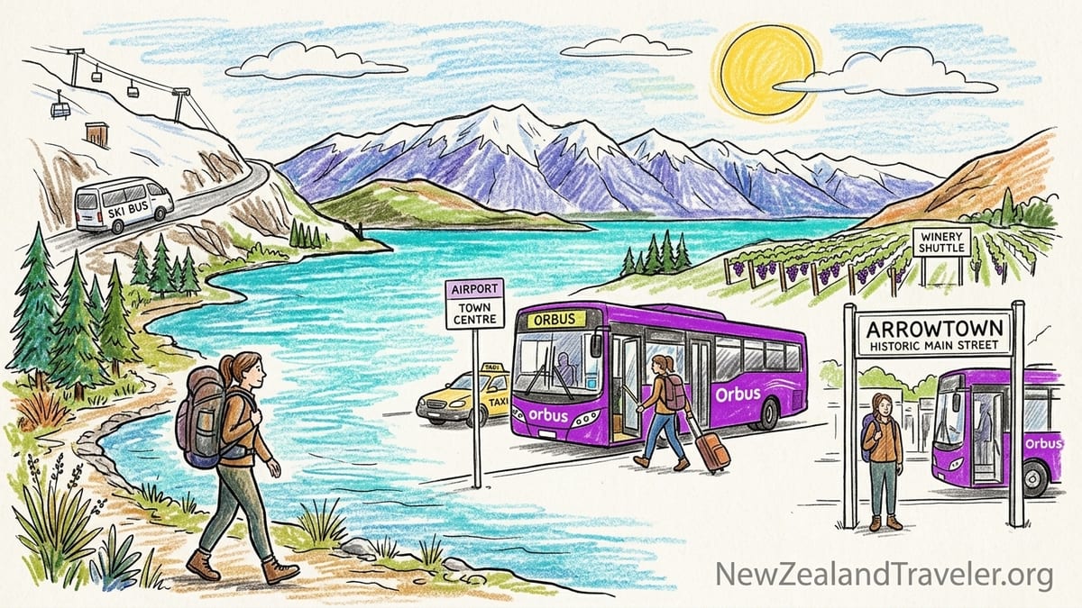 Evening scene of central Queenstown lakefront with Orbus bus, walkers and mountains.