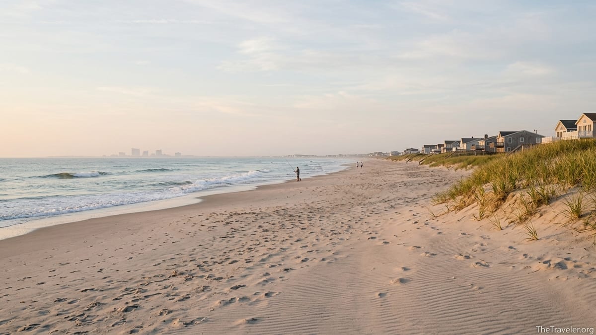 Quiet early morning scene on a wide Brigantine Beach shoreline with soft surf and distant walkers.