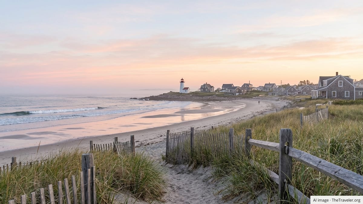 Quiet coastal village and empty sandy beach at sunrise seen from grassy dunes.