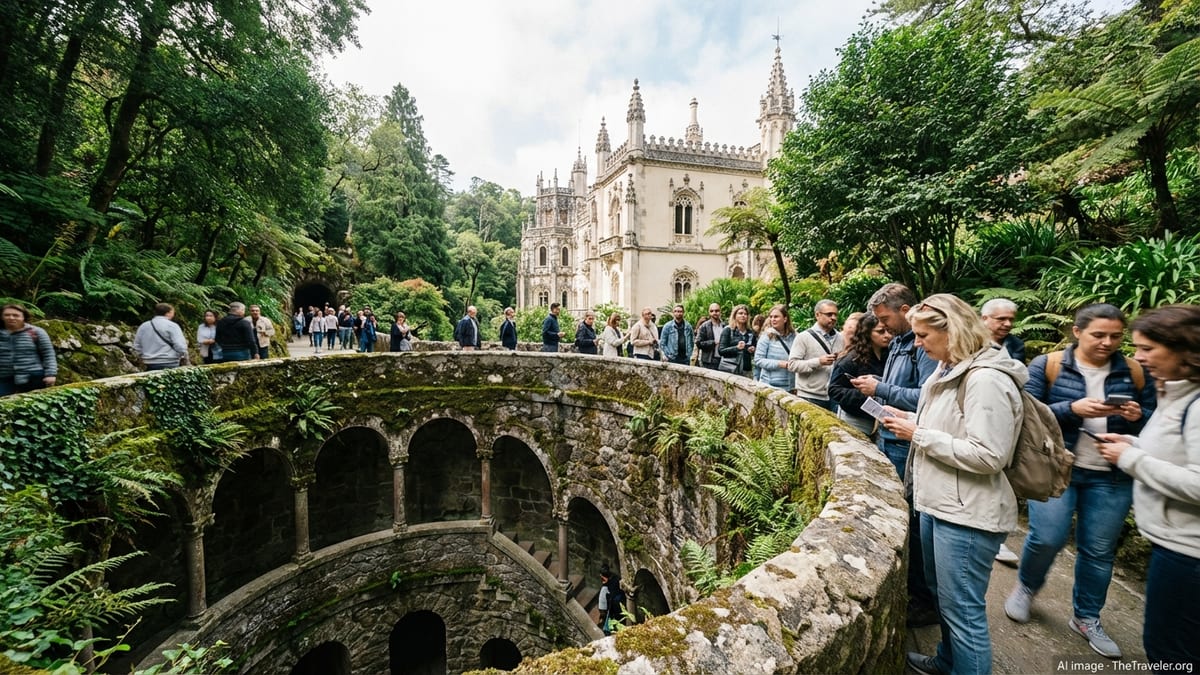 View of Quinta da Regaleira's Initiation Well and palace, crowded with tourists.