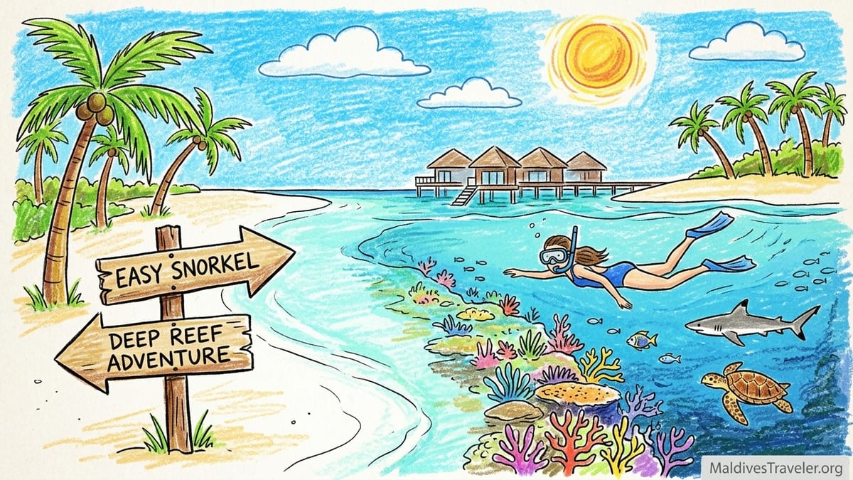 A Maldives island in Raa Atoll with beach, overwater villas and visible fringing house reef.