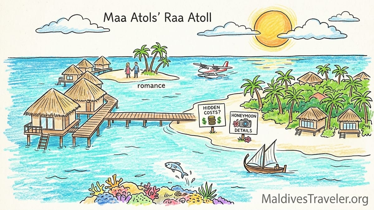 Aerial view of overwater and beach villas on a remote Raa Atoll island at sunset.