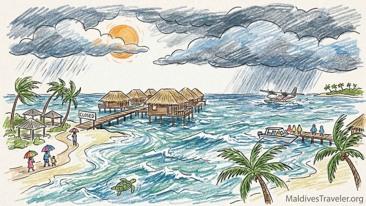 Overwater villas in Raa Atoll beneath mixed sun and storm clouds during the rainy season.