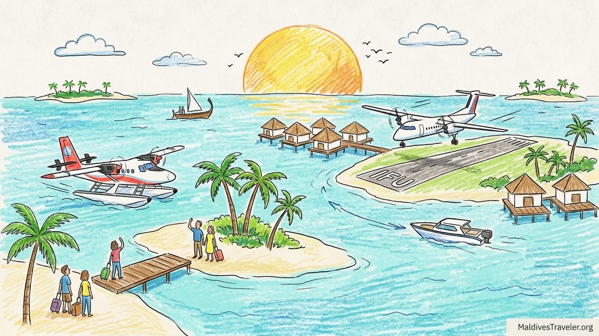 A seaplane flies over Raa Atoll showing an island runway, resort and speedboat in turquoise water.