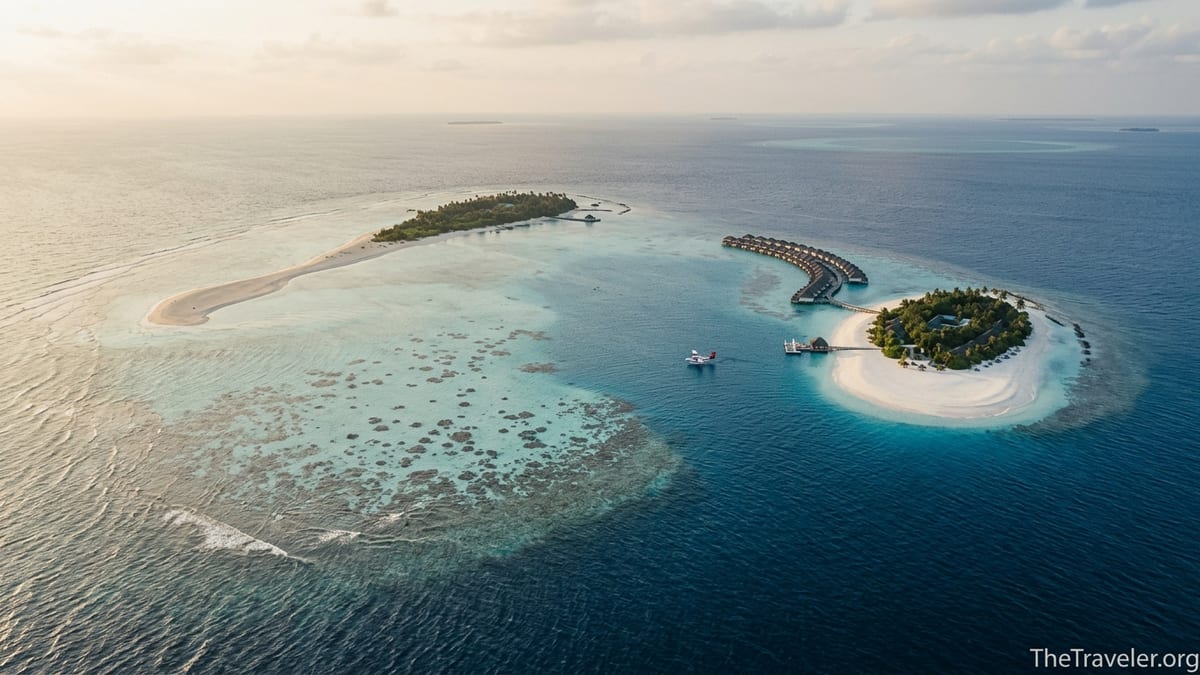 Aerial view of two Maldives islands with sandbanks, overwater villas and turquoise lagoons at golden hour.