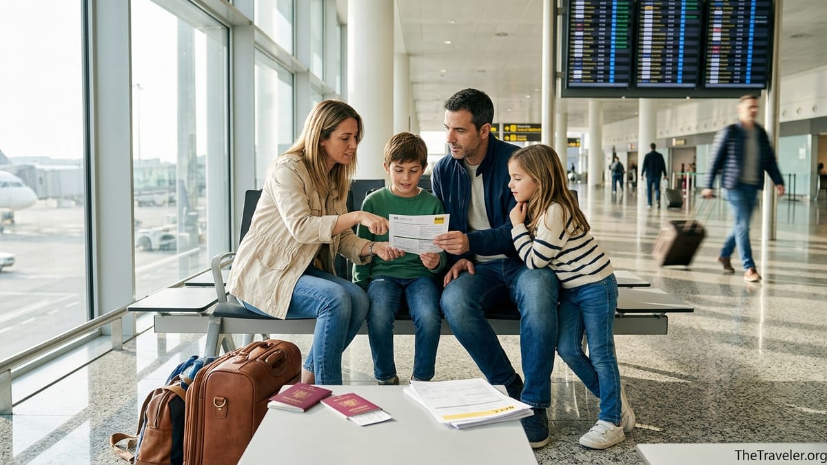 Spanish family reviewing RACC travel insurance papers together in an airport terminal.