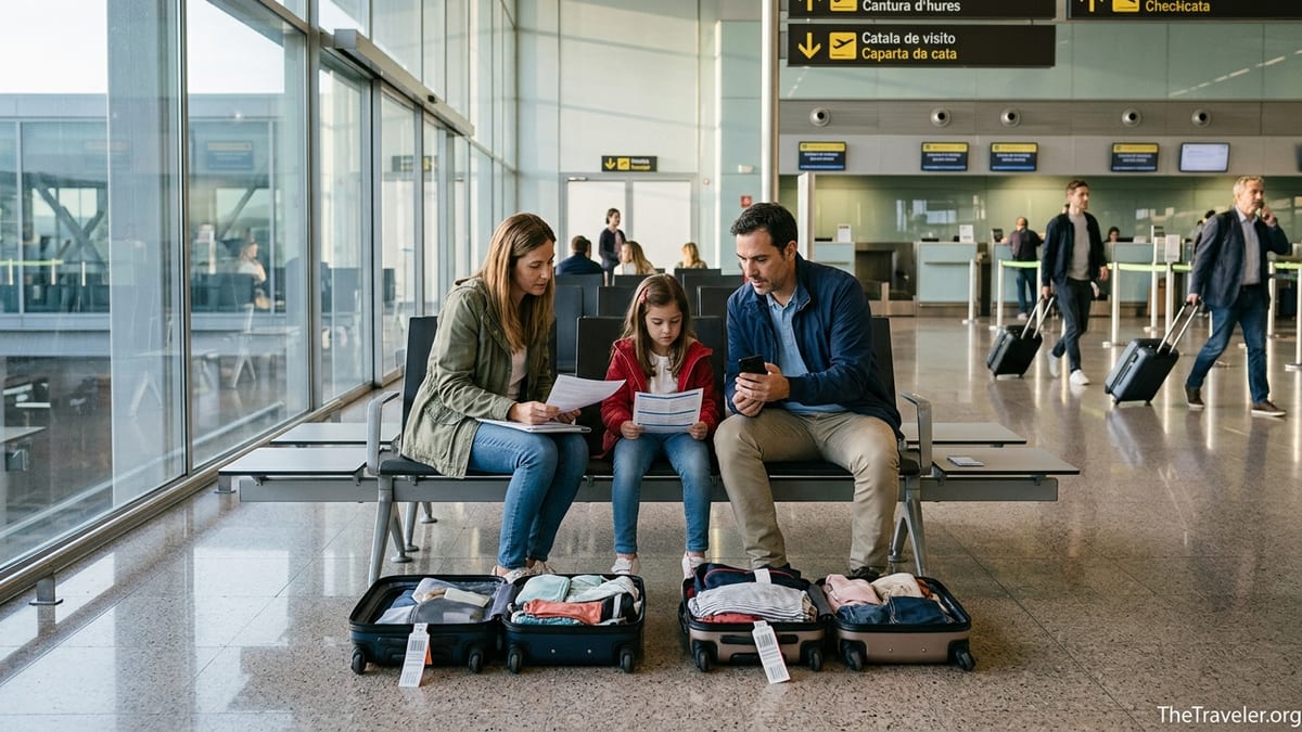 Family in a Spanish airport terminal reviewing travel insurance documents before departure.