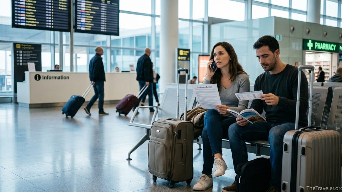 Couple at Barcelona airport reviewing travel insurance papers before a flight.