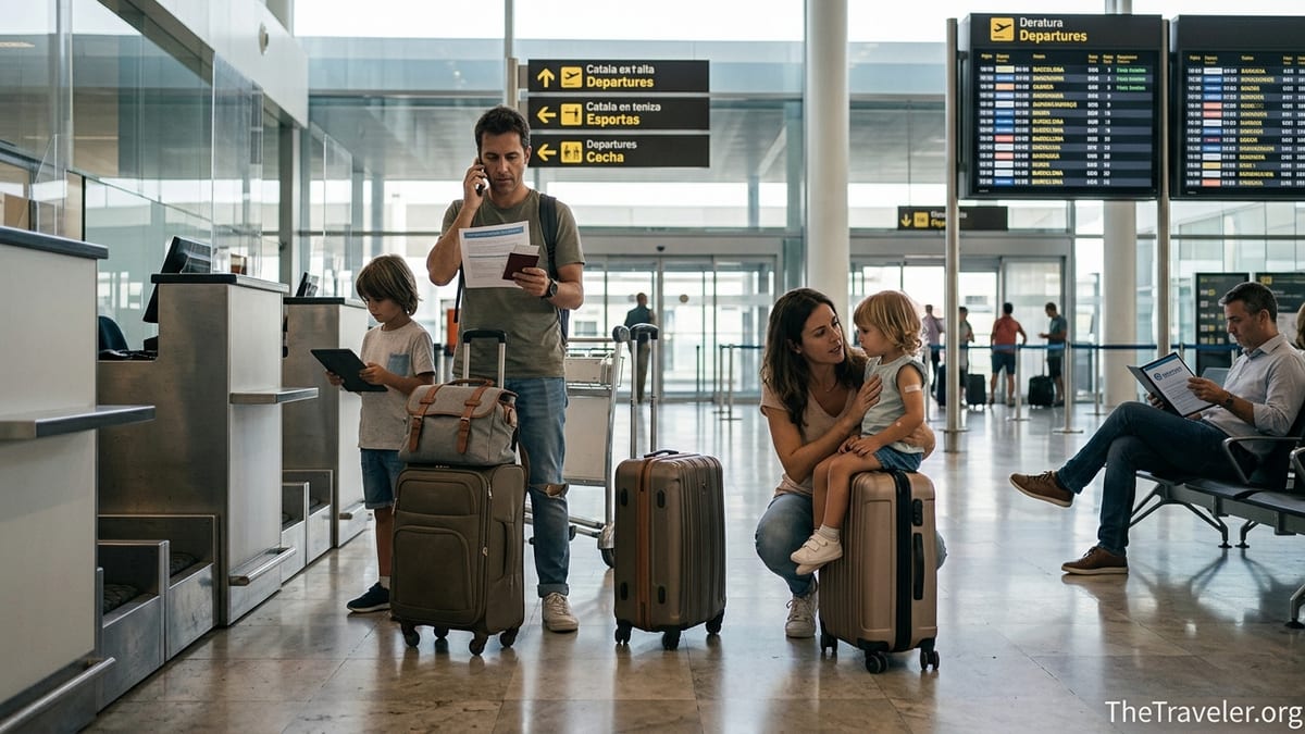 Family at Barcelona airport checking RACC travel insurance documents before a flight.